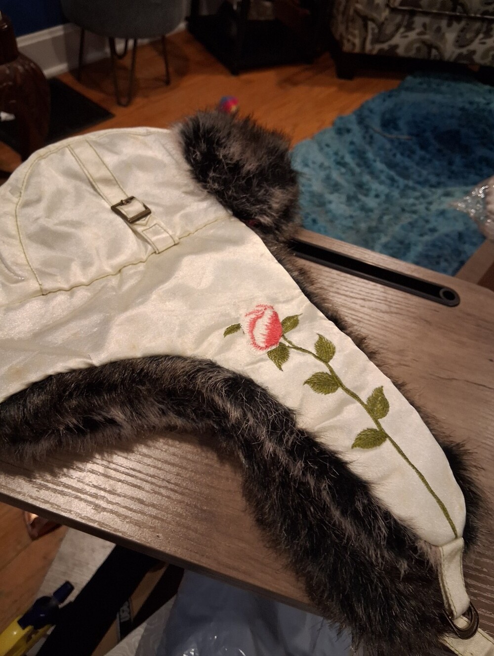 Turtle Fur Trapper Hat Cream White Aviator Ushanka with Rose Embroidery NWT